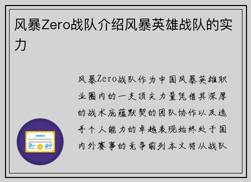 风暴Zero战队介绍风暴英雄战队的实力